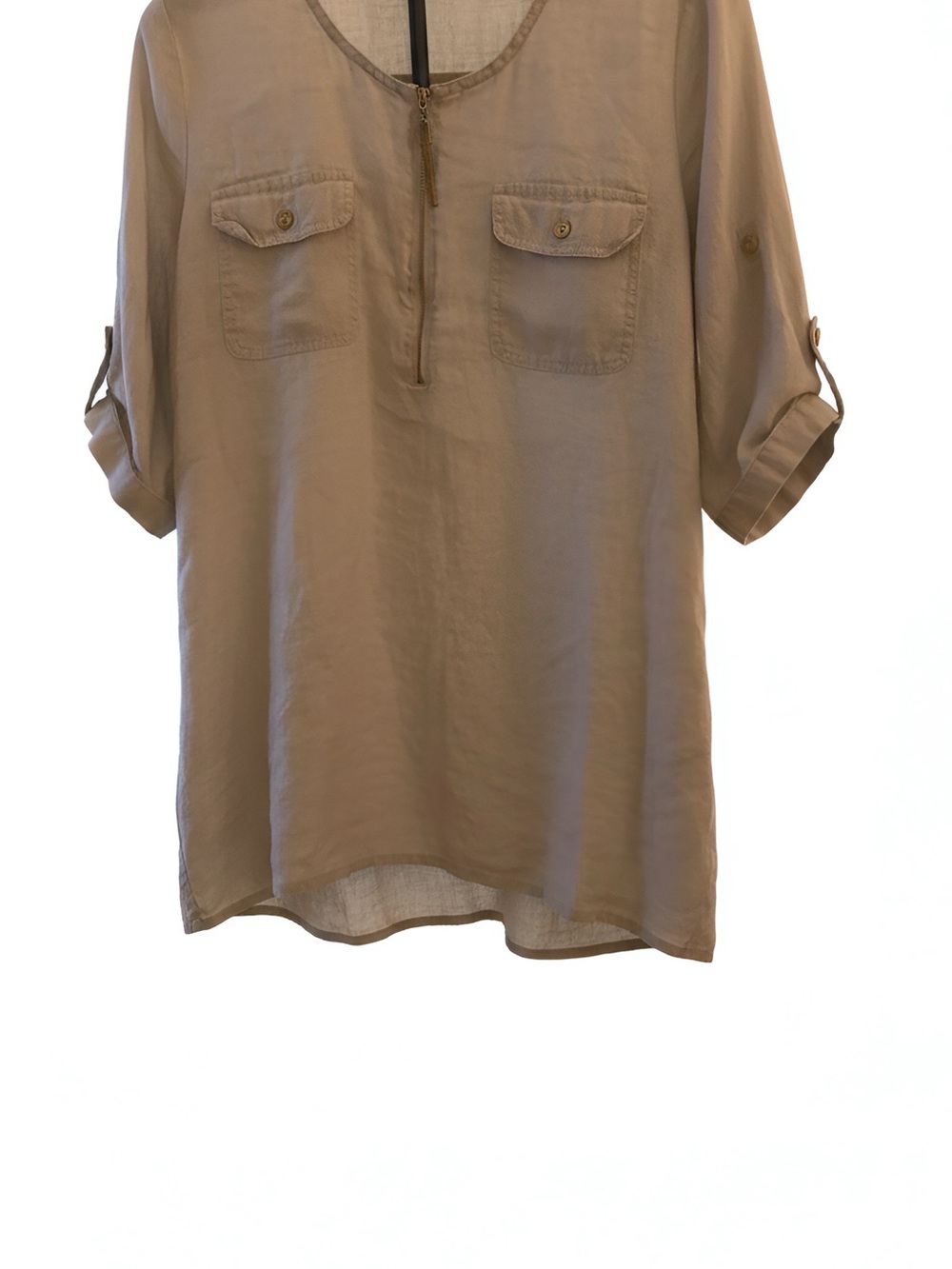 Ellen Tracy Taupe Roll-Tab Pullover Tunic